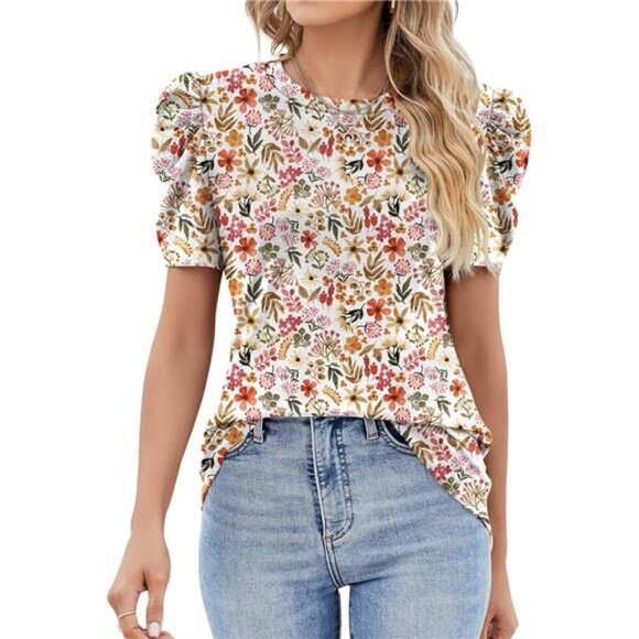Puff Short Sleeve Shirt for Women Eyelet Tops Summer Crewneck Blouse - Picture 1 of 7